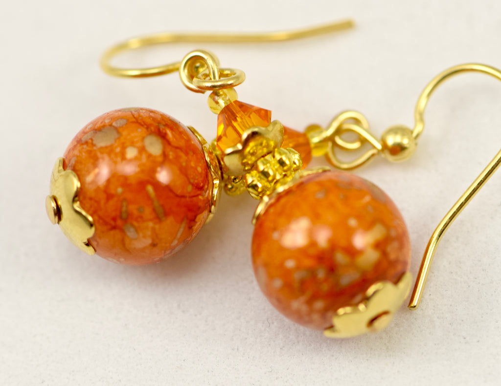 Orange Glass Balls Crystal Gold Earrings