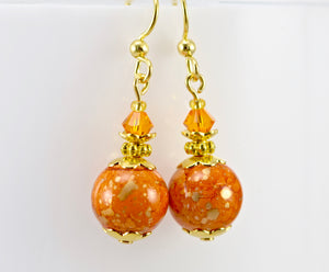 Orange Glass Balls Crystal Gold Earrings