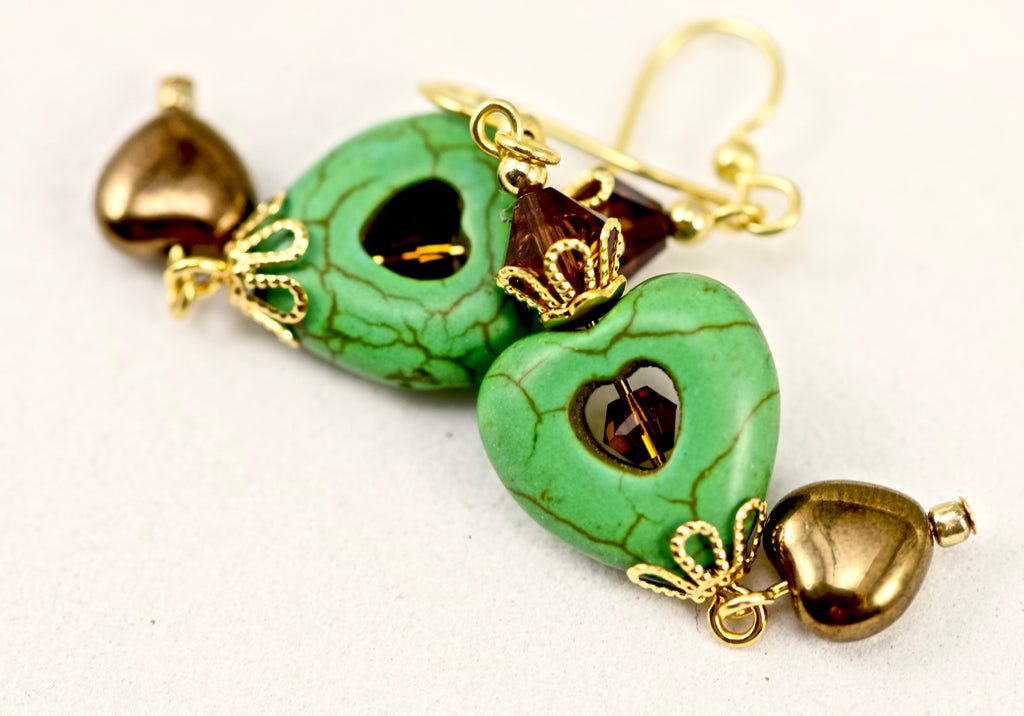 Green Stone Heart Crystal Bronze Gold Earrings